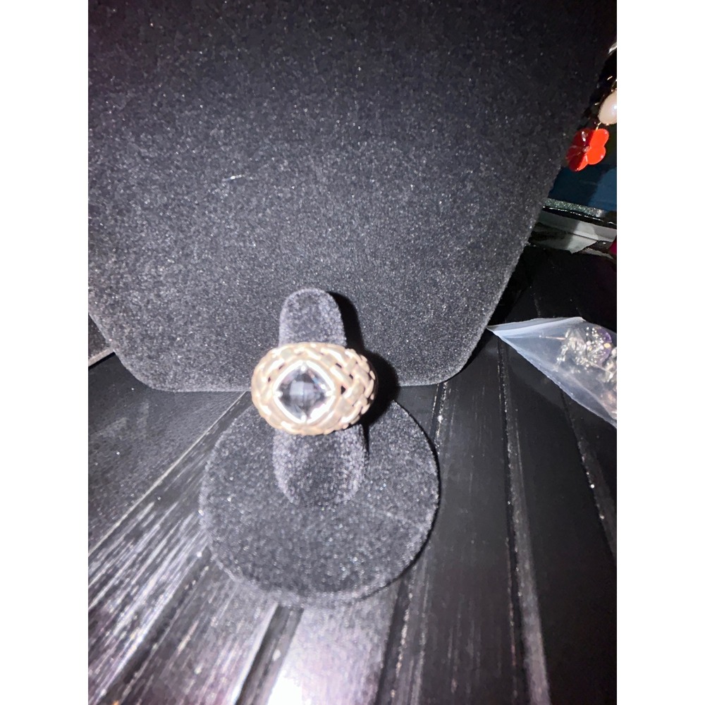 Sterling Silver Basket Weave Statement Ring Clear‎ Faceted Gemstone Dome Band